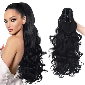 20in / 50cm Wavy Clip-On Ponytail Hair Extension — Synthetic High Ponytail with Strong Claw Clip & Drawstring Net Bag — Natural Black, Lightweight & Easy to Wear