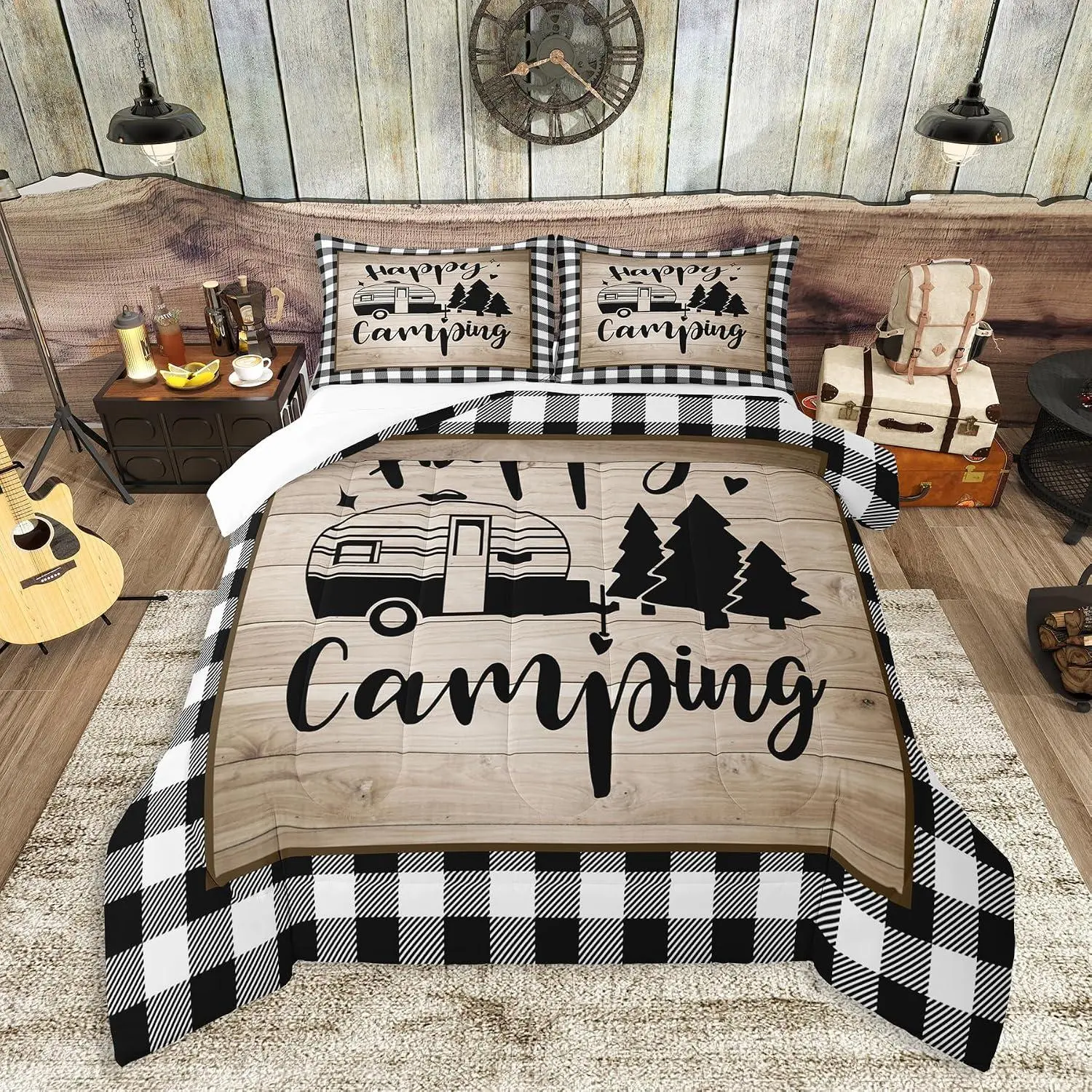 Black Plaid Comforter Set Adults RV Decor,Happy Camping Trailer Bedding Set,Rustic Farmhouse Barn Quilt Set Camper Car Bedspread,Vintage