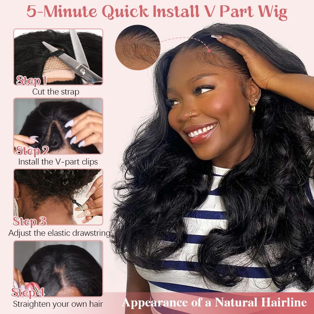 V Part Wig Human Hair Body Wave 180% Density Glueless Upgrade U Part Wig with Drawstring Natural Black No Leave Out No Sew In V Shape Clip In Half Wig for Women Beginner Friendly #DealsForYouDays