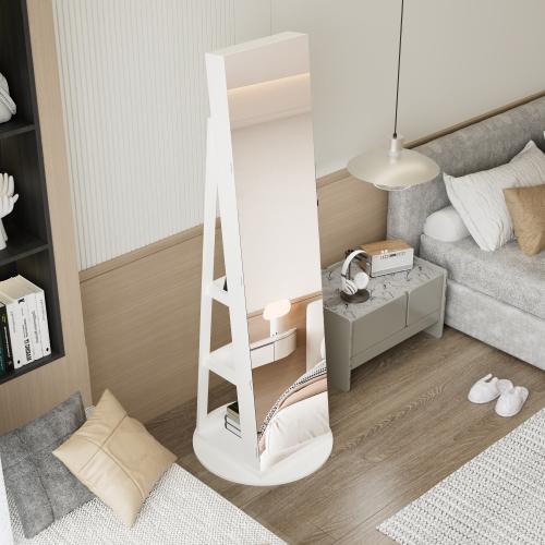 360°Swivel Jewelry Cabinet with Full Length Mirror, 360°Rotating Standing Jewelry Armoire Organizer, Lockable Storage Cabinet, Interior Lighted Mirror,