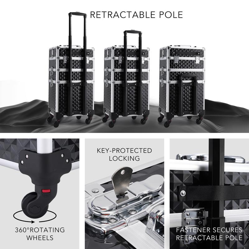 3 in 1 Rolling Makeup Train Case Large Cosmetic Trolley Salon Barber Case for Make Up Hairstylists Nail Tech Aluminum Makeup Trolley Case