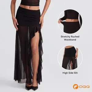 OQQ-Nine cents Sheer Mesh Irregular Split Maxi Skirt - High Waist Ruched Beach Vacation Cover-Up