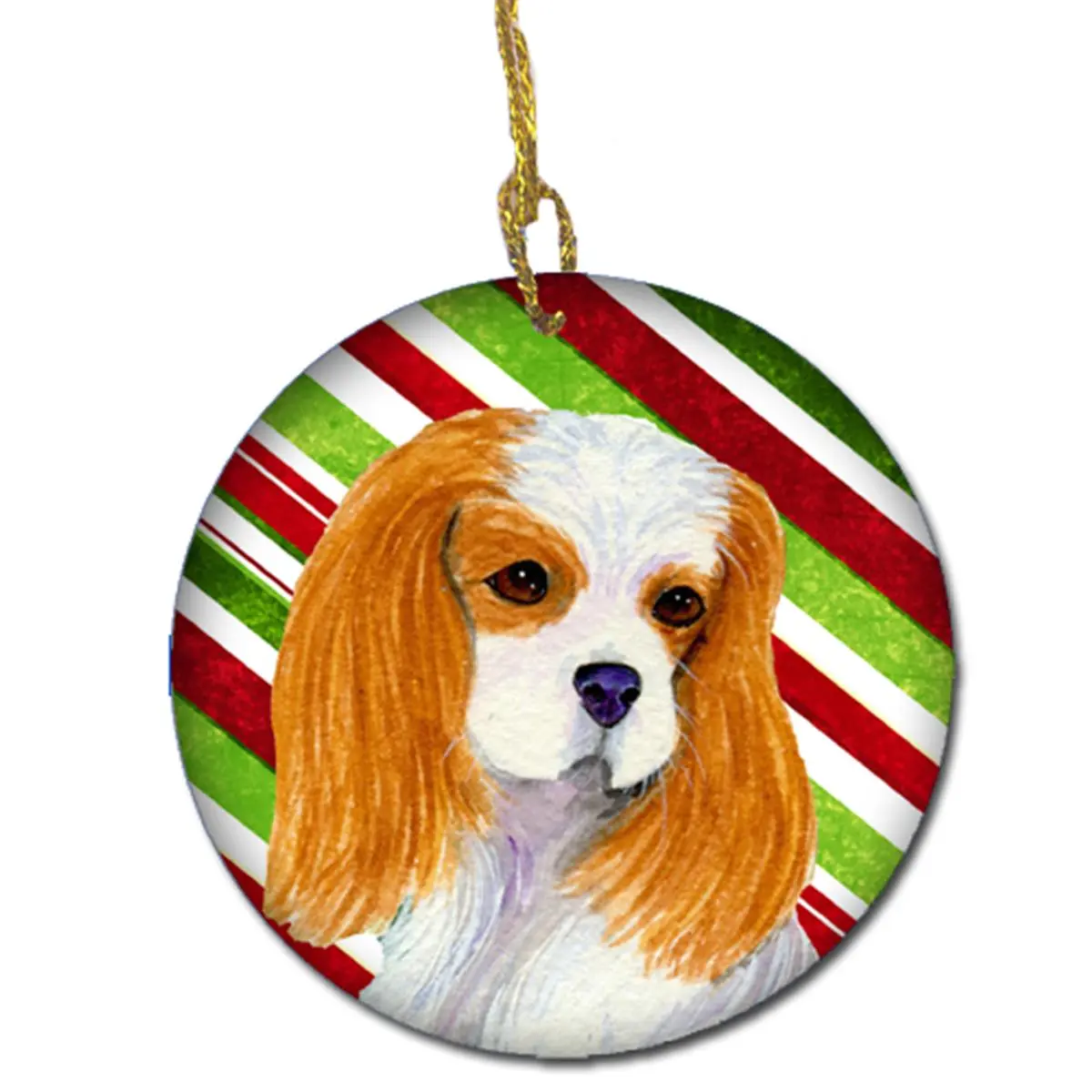 Cavalier Spaniel Candy Cane Themed Ceramic Christmas Ornament, Festive Home Decor Gift