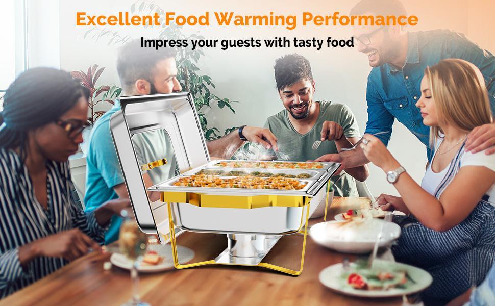 ROVSUN Gold Chafing Dishes for Buffet, 9QT Chafing Dish Buffet Set with Glass Lid, Stainless Steel Buffet Servers and Warmers with Folding Frame & 3 1/3 Size Pan for Parties Weddings Catering Events
