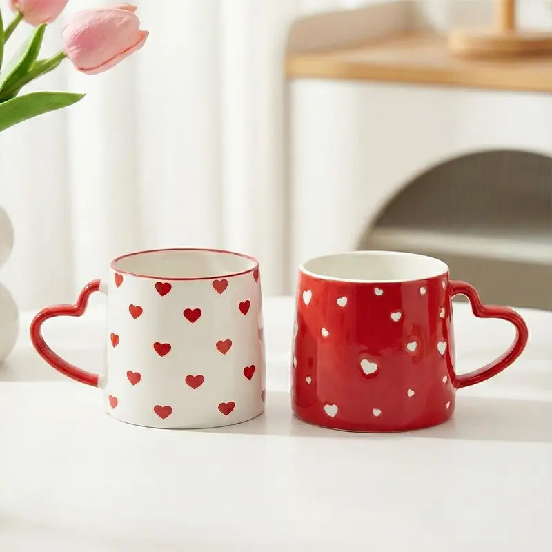 Valentines Coffee Mugs, 390ml Heart Pattern Ceramic Mug, Novelty Coffee Cups with Heart Handle, Women Gifts for Valentine, Anniversary, Wedding, Party Supplies, Cute Mugs