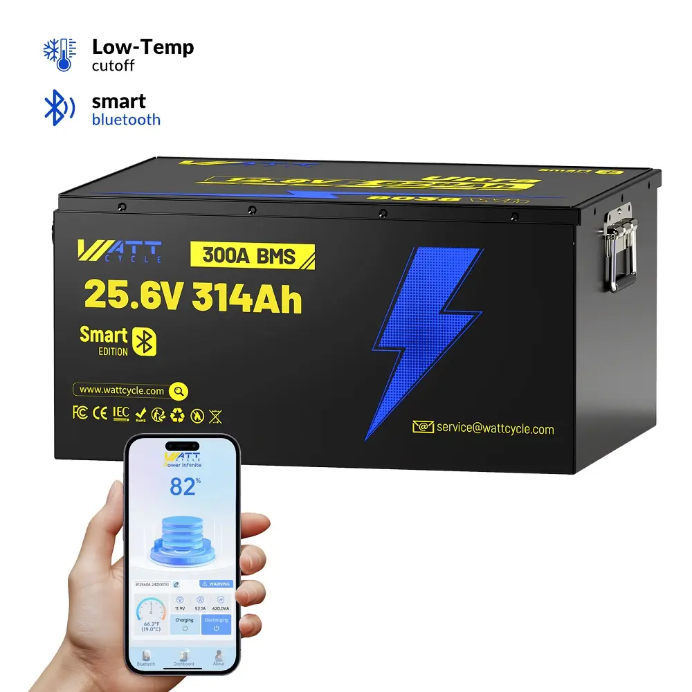 Wattcycle 24V 314Ah LiFePO4 Battery with Built-in Bluetooth 5.0 & 300A BMS Smart Edition for Home Energy RV Marine Solar Systems High Output Durable Compact