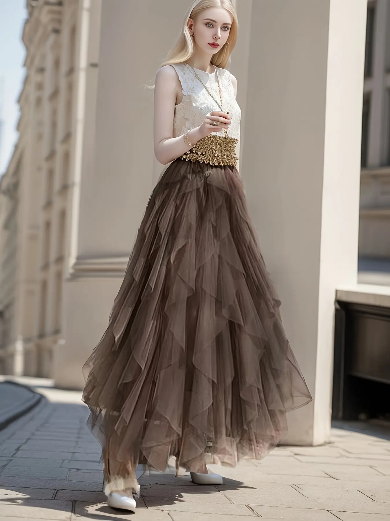Enchanting High-Rise A-Line Tutu, Layered Mesh Midi Skirt with Cascading Ruffle Hem