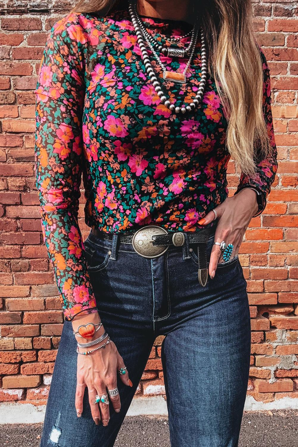 Mntaor Women's Rose Floral Mesh Mock Neck Top, Slim Fit Long Sleeve Rose Print Shirt  for Chic Casual Style Womenswear