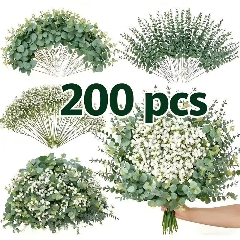 200 Pcs Mixed Artificial Eucalyptus Stems, Baby's Breath Flowers, Decorative Fake Flowers, Faux Plastic Flowers for Weddings, DIY Bouquets, Home Decor, Fake Greenery, Faux Greenery Plants, Faux Eucalyptus Greenery, Fake Plant Decoration