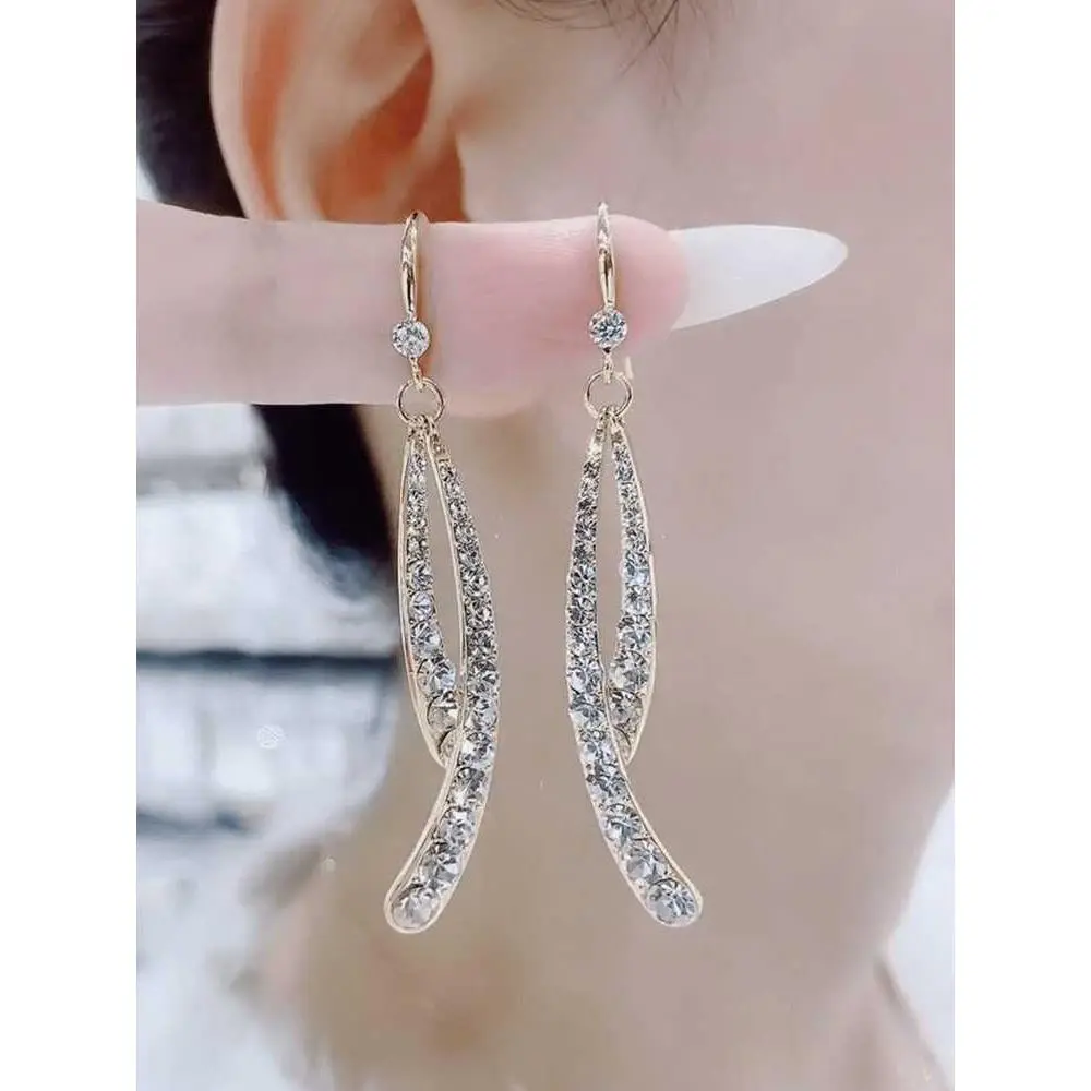 Women's Niche Design Full Rhinestone Crossed Fishtail Dangle Earrings, Premium Light Elegant Influencer Costume Jewelry, HNAN60