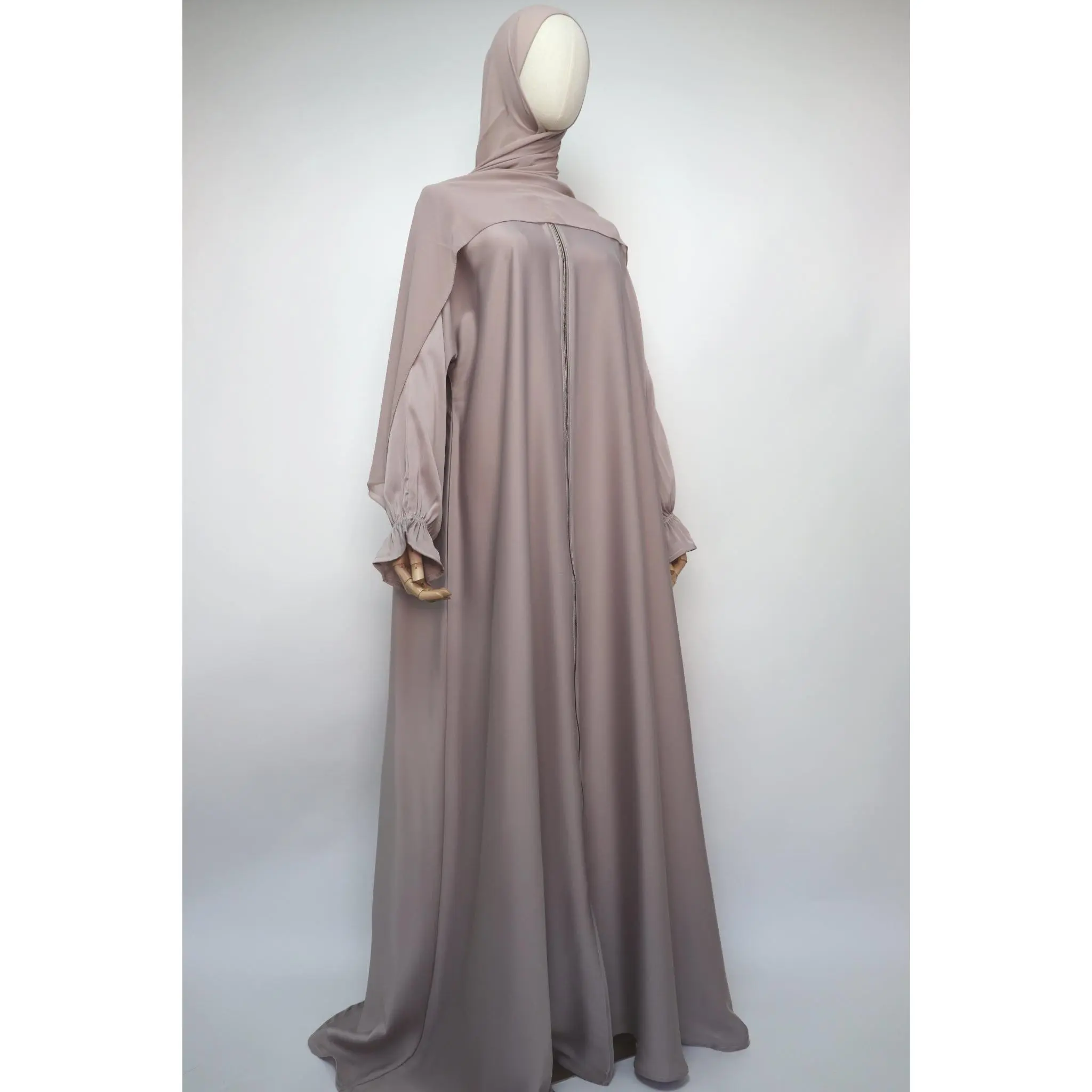 Full Zip Semi Flare Crinkle Abaya - Taupe