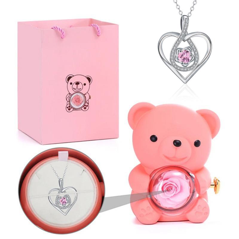 The Cutest Red Rose Bear with Heart Necklace – Elegant Flower & Rhinestone Design, Perfect Gift for Mom, Wife, or Girlfriend on Birthday, Anniversary, or Holidays (Thanksgiving, Christmas, Halloween)