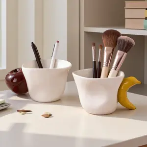 Ceramic Pen Holder Apple Banana Shape Multiuse Storage for Desk Makeup Brush Entryway Home Office Decor