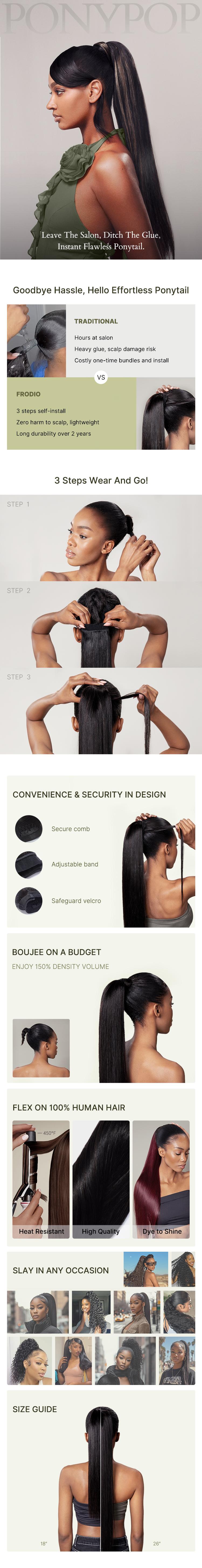 [Clearance Sale] Frodio Ponypop Burgundy Straight Ponytail Hairstyle 100% Human Hair Extension Sleek And Full Ponytail Wig Wrap Around Ponytail -Ruby