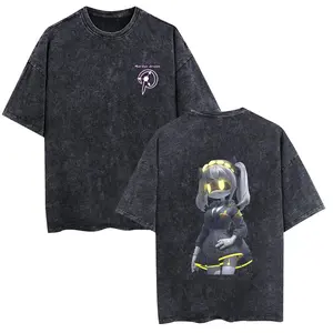 Murder Drones Inspired Washed Black T Shirt Unisex Oversized Anime Graphic Tee Streetwear Vintage Acid Look Cartoon Robot Character Back Print Casual Daily Outfit for Teens Youth Alternative Style Fans Birthday Gift Summer Street Fashion