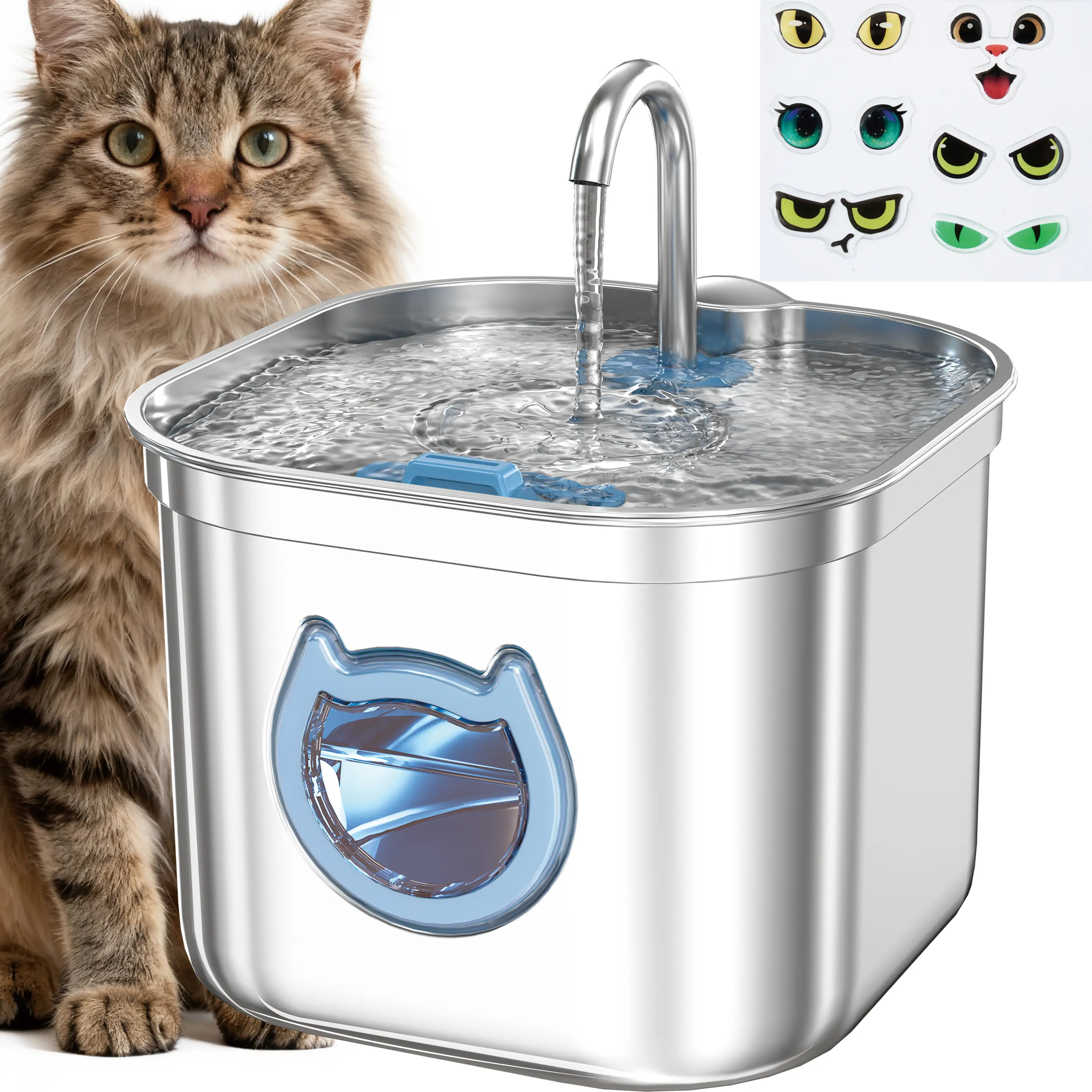 Homtyler Cat Water Fountain 2.2L/74oz, Stainless Steel Pet water Fountain for Indoor Cat & Dog, Quiet Automatic Water Dispenser with Carbon Filtration System for Continuous Fresh Drinking Water