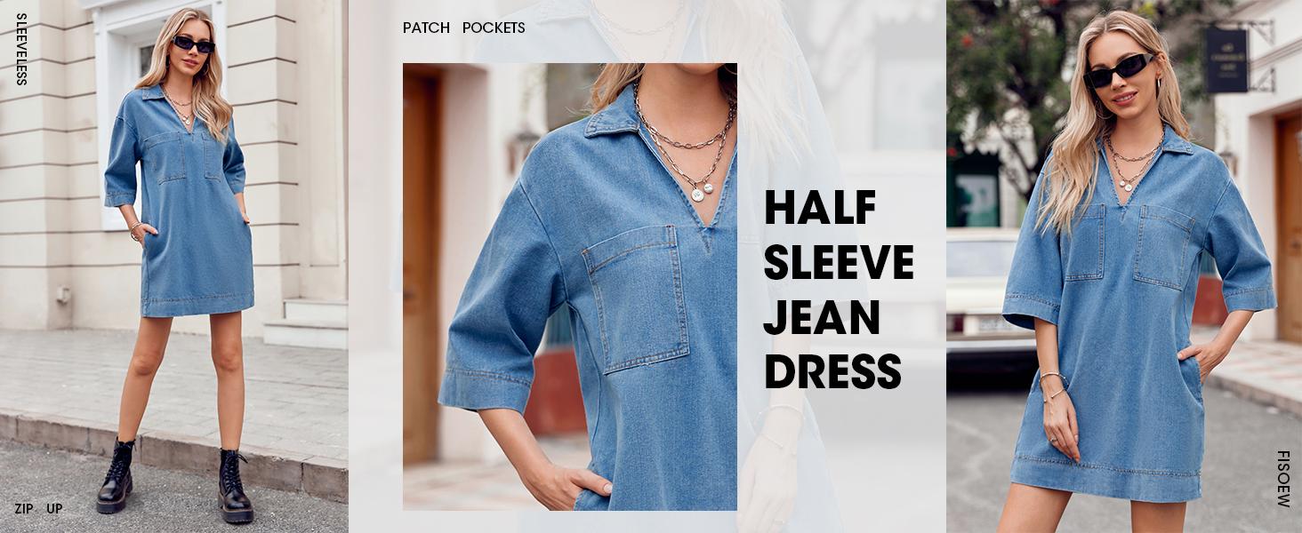 Wenrine Women's Denim Shirt Dress Summer Collared V Neck Mini Casual Jean Dresses with Pockets Wenrine Women's Denim Shirt Dress Summer Collared V Neck Mini Casual Jean Dresses with Pockets