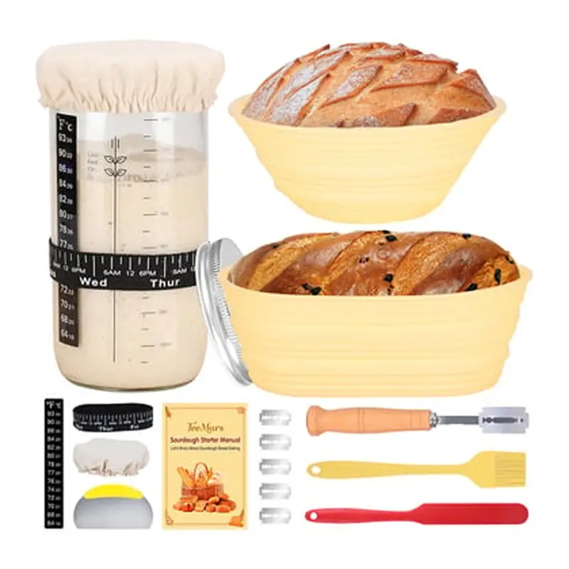 Saker Sourdough Starter Kit & Silicone Bread Proofing Baskets - Complete Bread Baking Set with Glass Fermentation Jar, Date Tracking Band, Banneton, Bread Lame & Dough Scraper