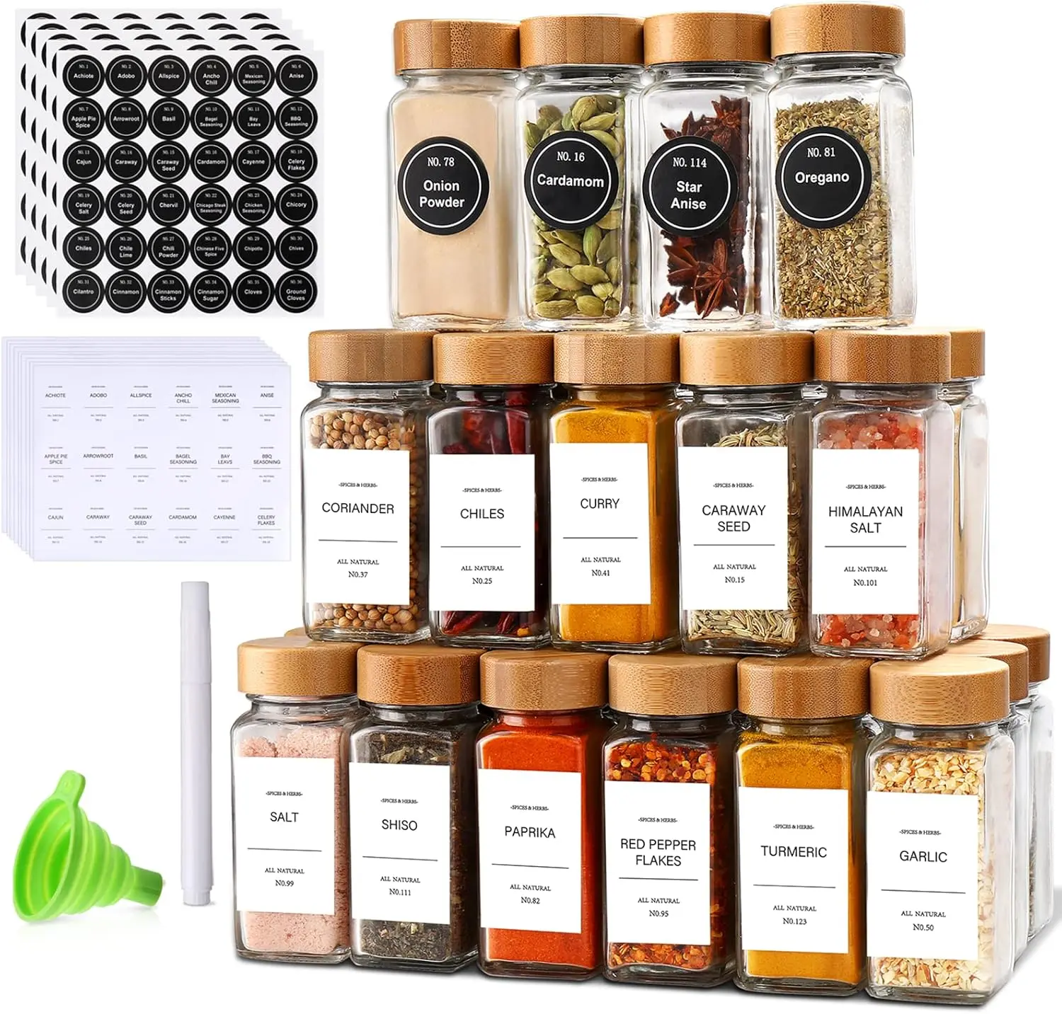 36Pcs Glass Spice Jars with Bamboo Lids – 4 oz Jars with Labels & Funnel for Kitchen Storage Container Set Transparent