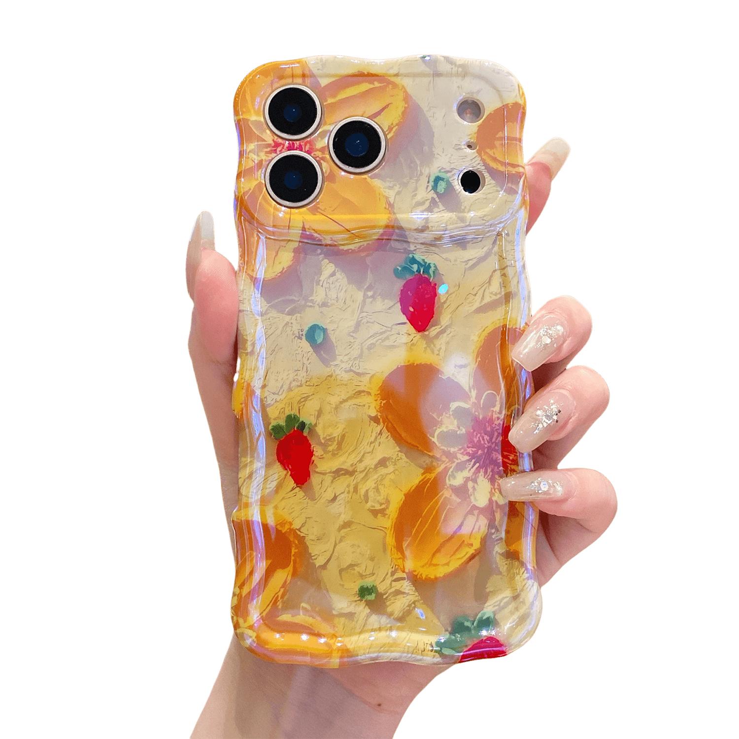 Case for iPhone 17 Pro Max 17 Air 16 15 14 13 Pro Max, Colorful Oil Painting Flower Laser Glossy Pattern Cute Curly Wave Edge Cover TPU Protective Case for Girl Women