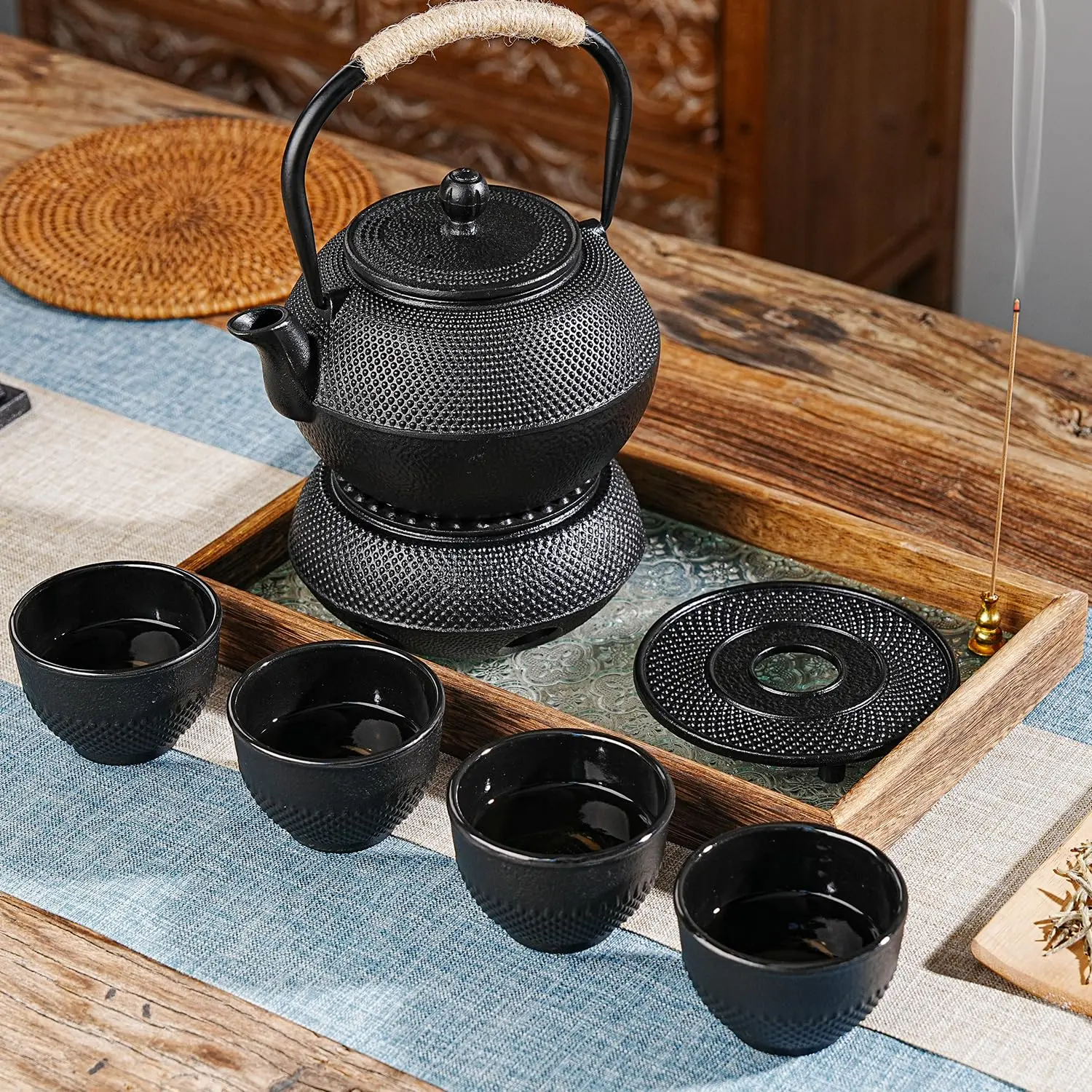 Sungmor Japanese Cast Iron Kitchen Tea Set - 42oz Round Teapot, 4x5oz Teacups-4pcs, Warmer, Trivet, Anti-Slip Textured Base for Table & Counter Protection, Textured Finish