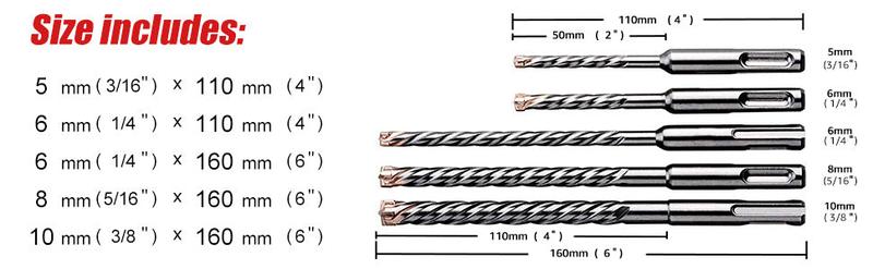 SDS-Plus Hammer Drill Bit for Reinforced Concrete/Masonry/Marble,4-Cutter Carbide Tips Metal Cutting
