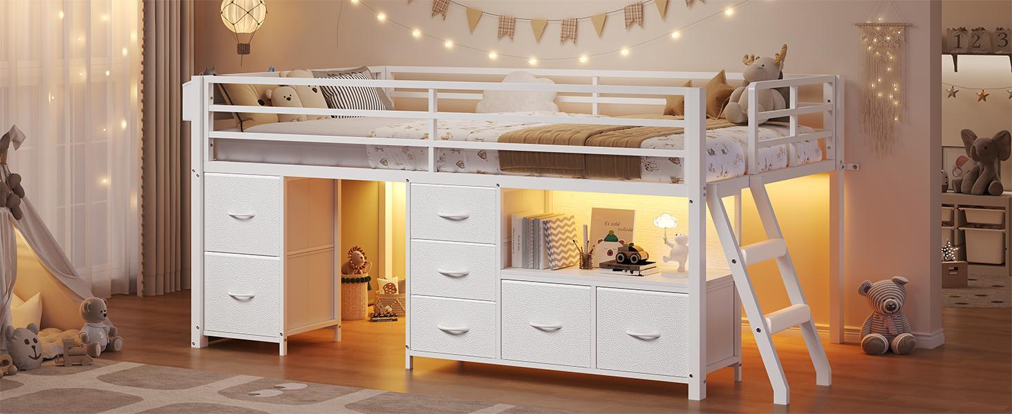 Sikaic Low Loft Bed Twin Size with 7 Storage Drawers, Bookcase and LED Lights, Metal Kids Loft Bed with 14" H Safety Guardrail, Inclined Ladder and Play Curtain, Under-Bed Play Space Sikaic Low Loft Bed Twin Size with 7 Storage Drawers, Bookcase and LED Lights, Metal Kids Loft Bed with 14" H Safety Guardrail, Inclined Ladder and Play Curtain, Under-Bed Play Space