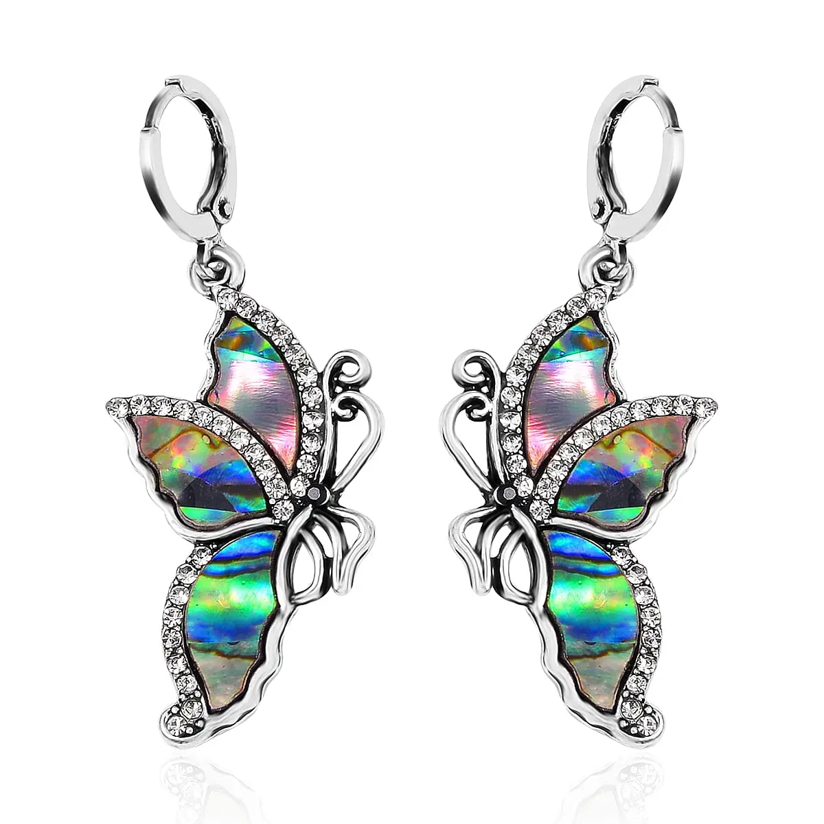 Abalone Shell and Hematite and Black Color Austrian Crystal Lever Back Butterfly Earrings in Silvertone and Stainless Steel