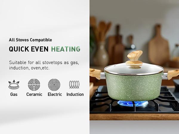 Kitchen Academy Granite Pots and Pans Set Non Stick 12 Piece Cast Induction Cookware Set Green Nonstick Kitchen Cooking Set w Frying Pans Saucepans PFOS PFOA PFAS PTFE Free Silicone Steel Steel Aluminium Glass Glass Lid Stove Stove