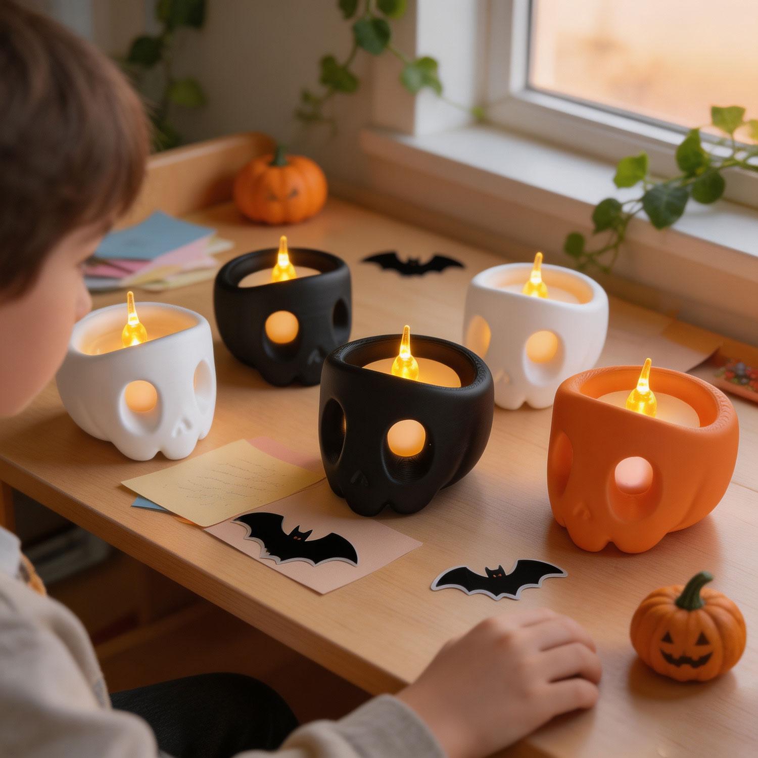 3D Printed Skull Tealight Candle Holder Set, Halloween Spooky Skeleton Candle Holders, Gothic Home Table Decor for Halloween Party Decoration
