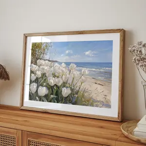 Coastal Tulip Flower Print, Summer Wall Art, Beach Print Spring Wall Art, Wildflower Field Landscape Painting Ocean Sea Décor
