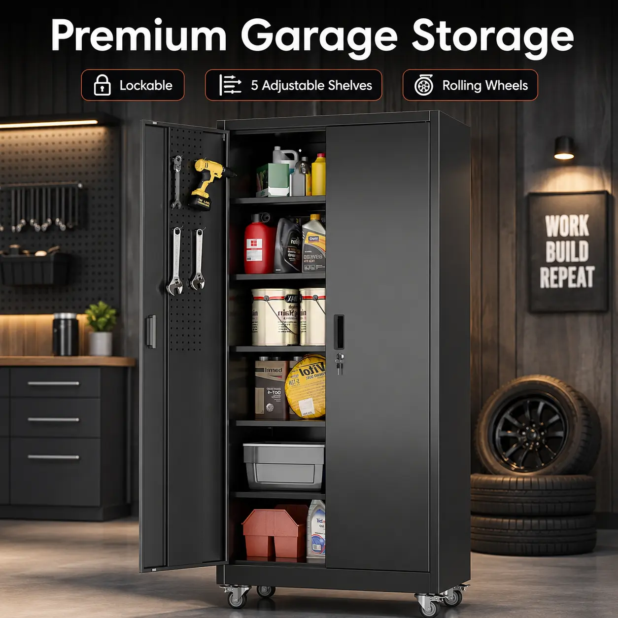 71in Rectangular Sturdy Steel Frame Metal Garage Storage Cabinet with Wheels Single Unit Heavy Duty Lockable Rolling Organizer, Pegboard Doors, 5 Adjustable Shelves for Garage, Workshop, Home Garage Organization Furniture Organization homemakeover Lockin