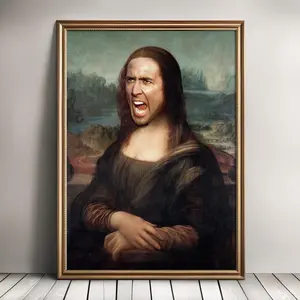 Nicolas Cage Mona Lisa Altered Art Print Funny Renaissance Wall Art Retro Decorative Art for Modern Interiors