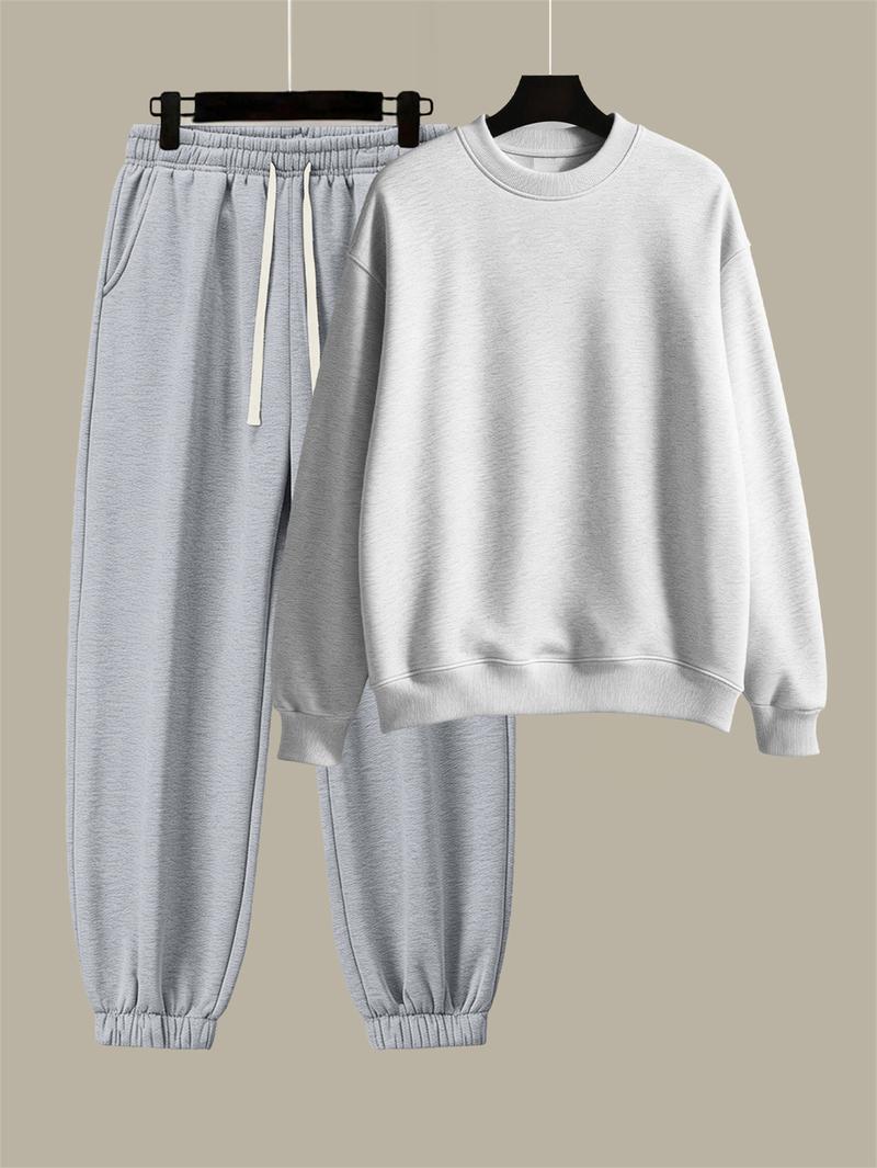 Men's Cotton Solid Color Casual Tracksuit Set Loose Fit Crew Neck Sweatshirt with Matching Jogger Pants for Fall Winter Comfortable Menswear Outfit for Outdoor Activities Sporty Commute Fitness and Relaxed Everyday Wear