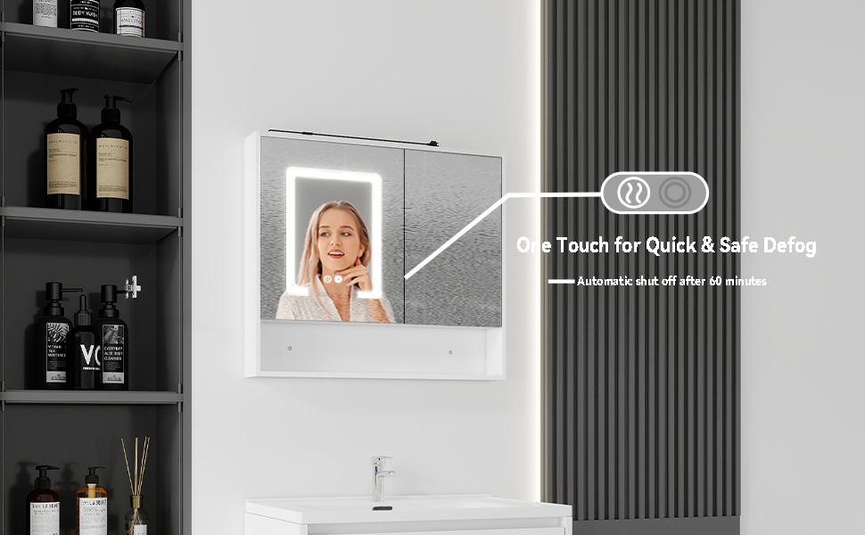 32-Inch Modern Wall Mount LED Ring Light Up Bathroom Mirror Cabinet, Anti-Fog Dimmable Touch Control, Open Recessed Storage Nook, Soft Close Double Doors, Moisture Resistant Solid Plywood Medicine Vanity for Shower, Powder Room, Wall Mirror