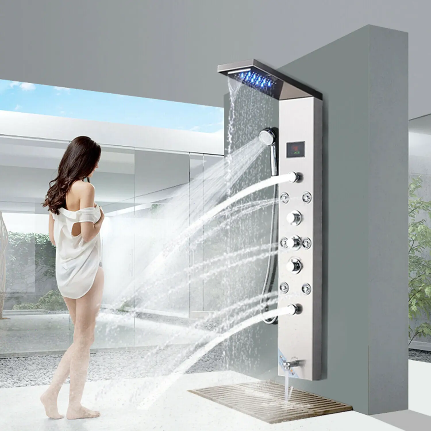 Stainless Steel Shower Panel Tower System 5-Function Faucet LED Rainfall Waterfall Shower Head with Handheld Shower,Bathroom Shower Column Massage Body Jets & Tub Spout,Black,Brushed Nickel,Brushed Gold