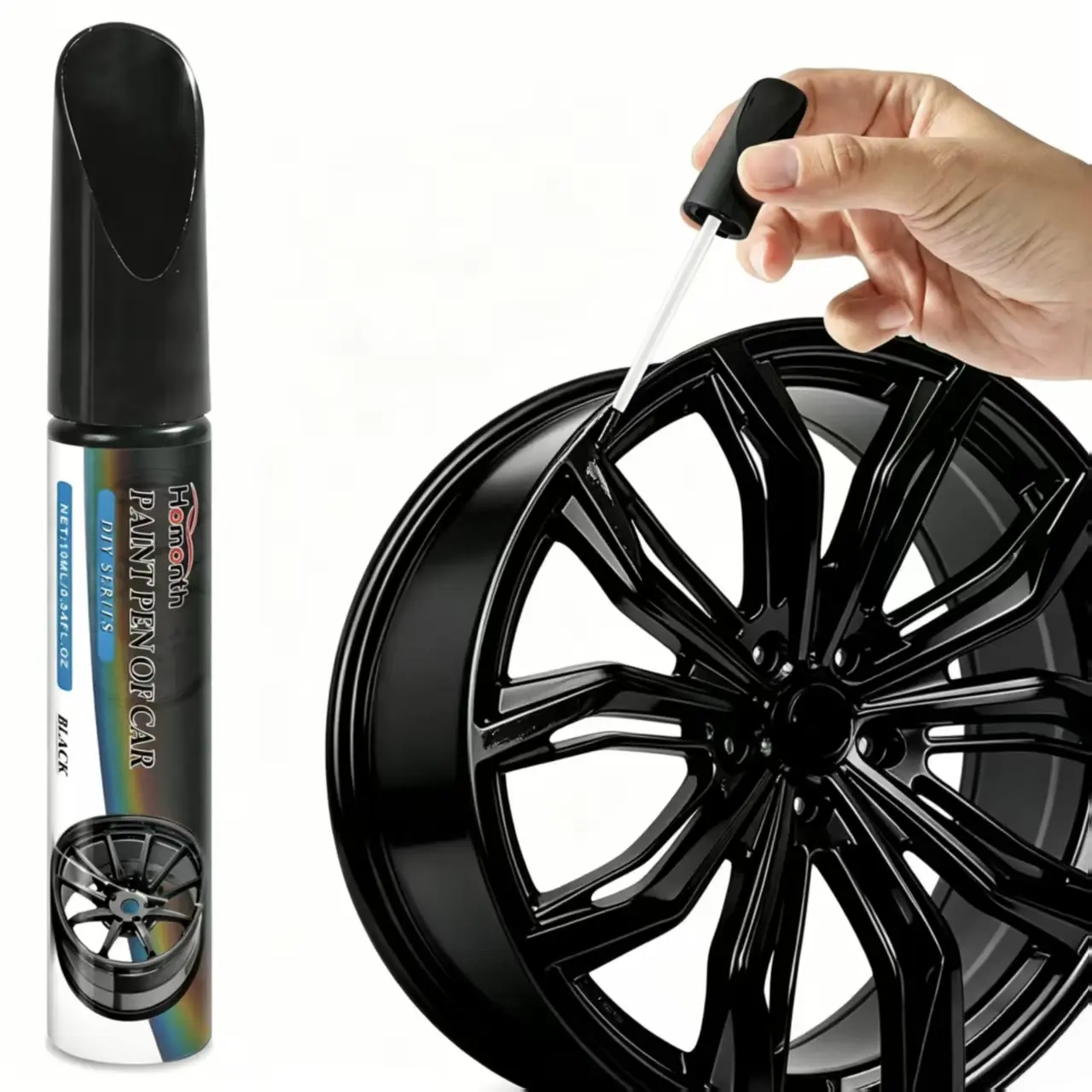 Gloss Black Rim Touch Up Paint Pen, Car Wheel Scratch Remover Repair Kit for Curb Rash, Universal Gloss Black Enamel Paint for Alloy Metal Wheels, Scratch Resistant Automotive Rim Accessories