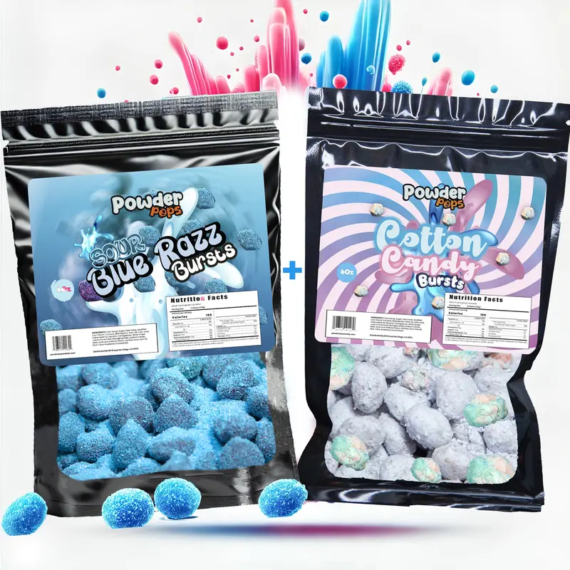 PowderPops Sour Blue Razz 6oz + Cotton Candy 6oz Duo Gusher Bursts Viral Candy
