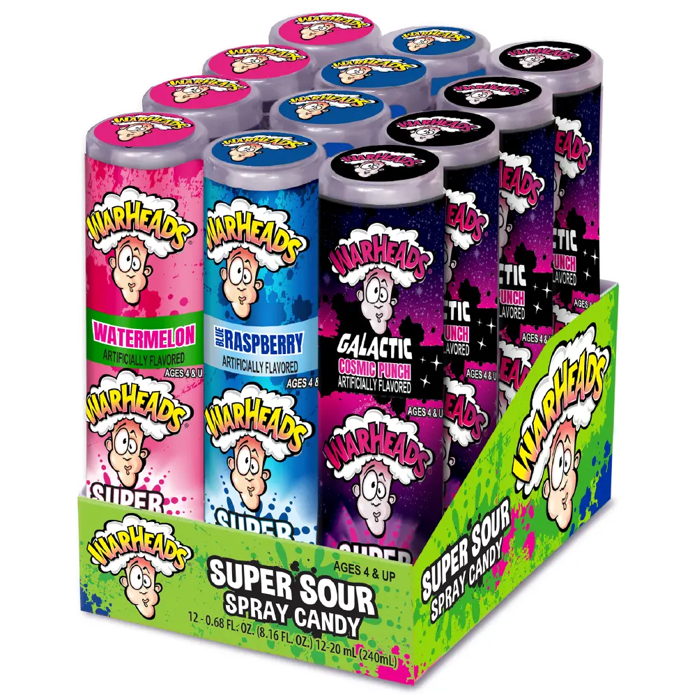 WARHEADS Super Sour Candy Spray - Blue Raspberry, Galactic Sour Punch & Watermelon Flavors - 0.68 oz Bottles - 12 Pack - Intense Sourness - Sweet Snack Bonbon *Product Flavors May Vary Due to Product Transition*