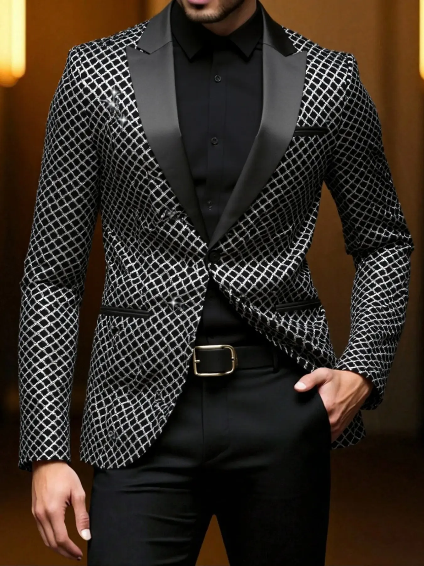 Shiny Sequins Fitted Suit Jacket Blazer Menswear Long Sleeve with Diagonal Stripes Pattern, Perfect Party, Performance Wear, Formal Wear, Christmas Gift Idea