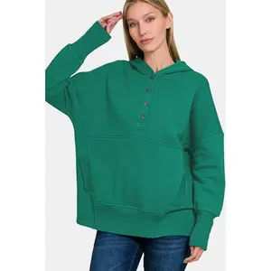 Zenana Half Snap Long Sleeve Hoodie with Kangaroo Pocket