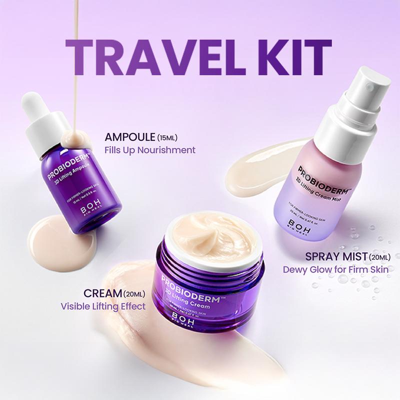 BIOHEAL BOH Probioderm 3D Lifting Travel Size Skin Care Kit | Korean Skincare Set for Firming & Hydration, with Ampoule, Face Moisturizer & Serum Spray | Mini Travel Essentials & Gift Set for Women Smooth Restore