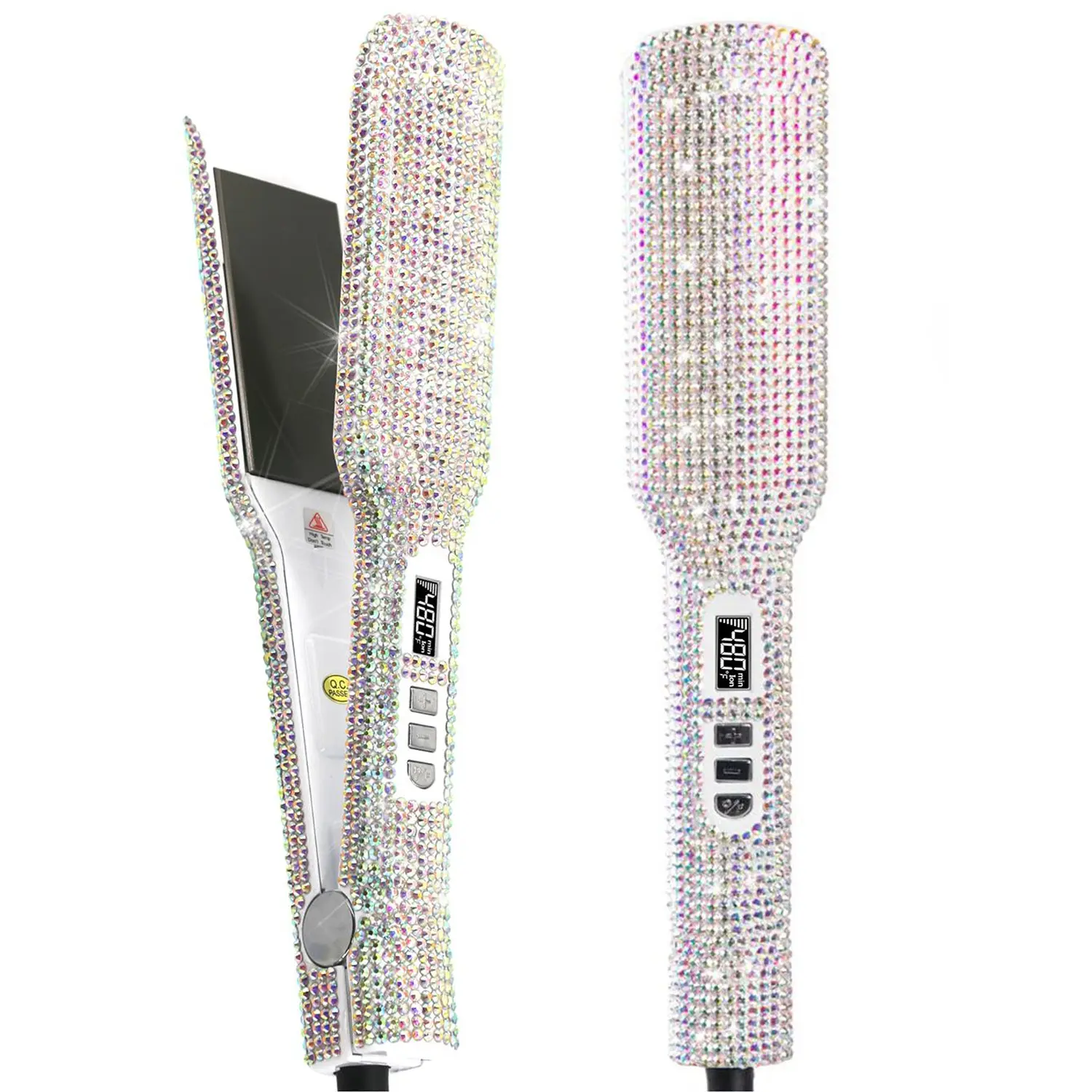 Crystal Diamond Titanium Hair Straightener 2 Inch Rhinestone Flat Iron Instant Heat-up 480°F LCD Display Dual Voltage