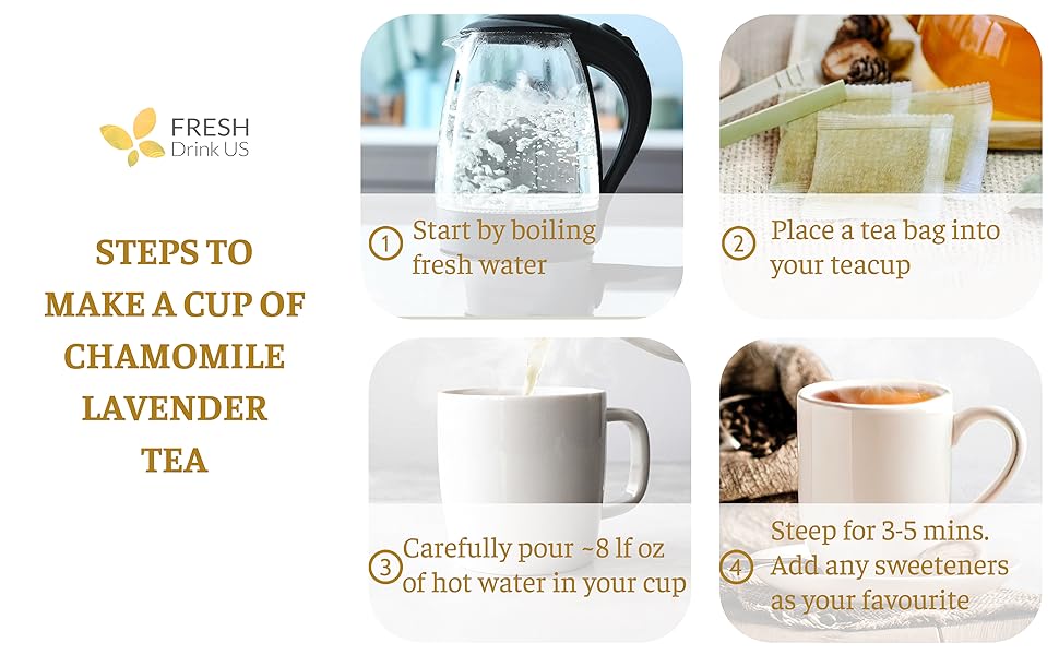 【FreshDrinkUS】 60 Chamomile Lavender Tea Bags, 100% Natural Ingredients, Hand-made Blend of Chamomile and Lavender Flowers, Eco-conscious Tea Bags. Chamomile Lavender Herbal Tea. No Sugar, No Caffeine, No Gluten, Vegan. Beverage