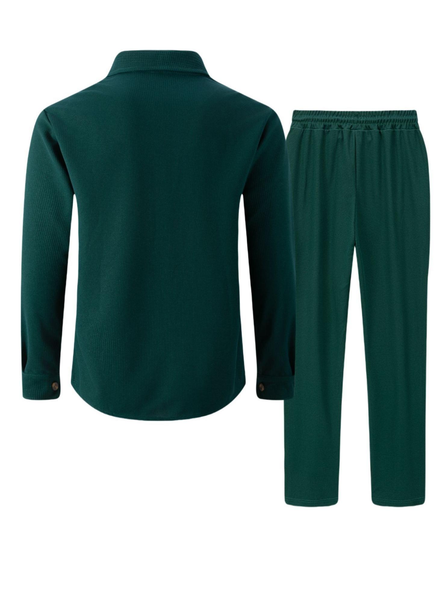 Autumn New Waffle Long Sleeved Pants Two-Piece Set Solid Color Double Pocket Button Up Cardigan Shirt Set for Men