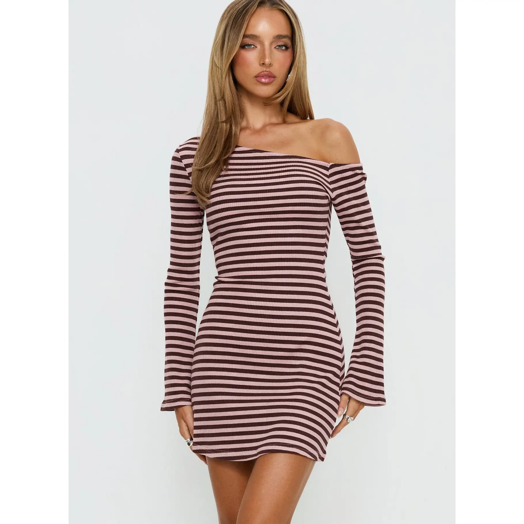 knee length dresses for ladies Cozy Flair Striped Knit Off-The-Shoulder Mini Dress main image 0