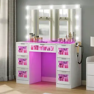 LED Vanity Desk with Mirror, Makeup Table with Power Outlet and 11 Lights, Vanity Table with 7 RGB Drawers and for Bedroom, Dressing Room, White