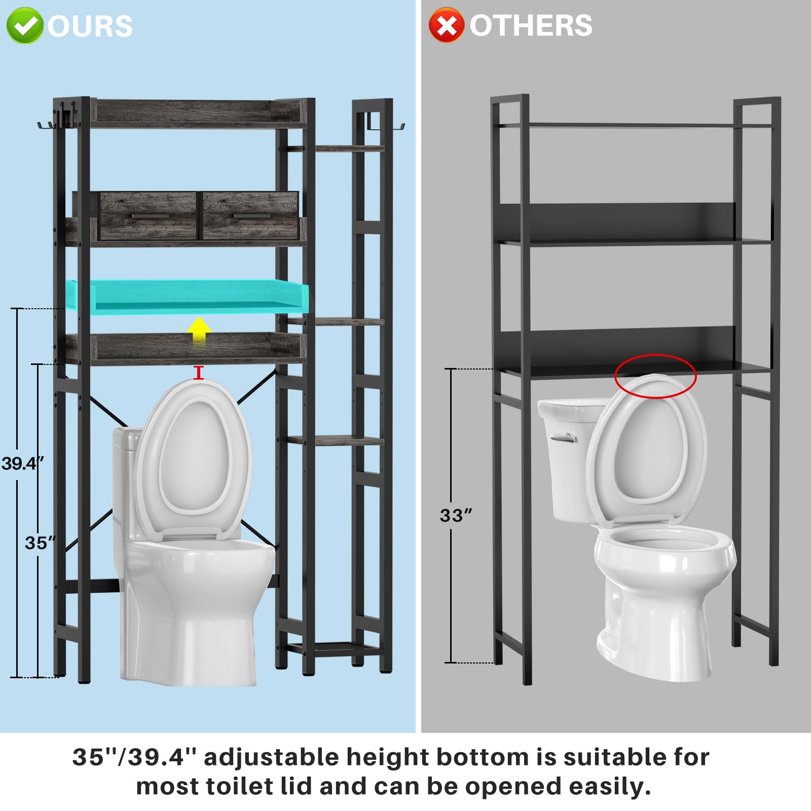 7-Tier Over The Toilet Storage Cabinet - Adjustable Shelves, Reversible Side Shelf, 2 Fabric Drawers, MDF Wood Metal Industrial Look Space Saver with Easy Setup for Small Spaces