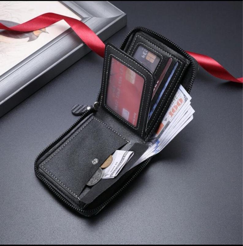 Men's Wallet - Black Leather Wallet with Card Slot, Includes Cash and ID Card, Compact Design, Ideal for Everyday Use