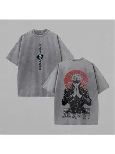 Men's washed street style brand single product, oversized T-shirt | Cartoon pattern and text printing, suitable for casual outdoor wear | Front and rear printing